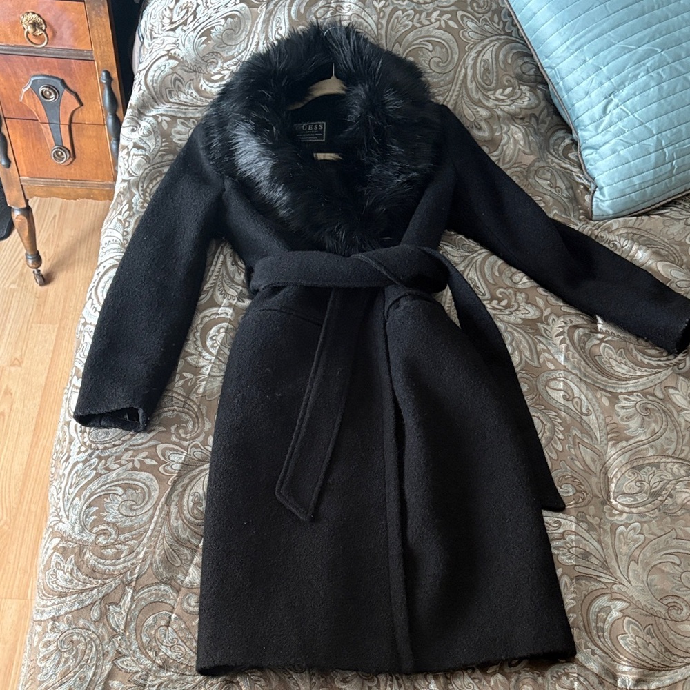 Guess Black Pea Coat with Faux Fur Collar